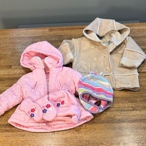 Two 12 M Girl’s Winter Jackets with Hoods. Pink Quilted and Faux Suede